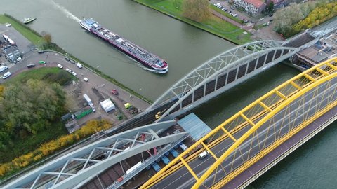 Aerial view of bridge construction work the object was driven to its final berth and placed across the Amsterdam-Rhine Canal with the help of pontoons and 600 wheels very ambitious Dutch project 4k