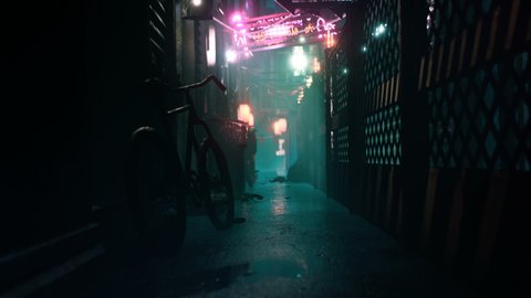 A mystical deserted foggy street with abandoned bicycles and rubbish. Animation for apocalyptic, mystic and science fiction backgrounds. View of an abandoned apocalyptic foggy street.