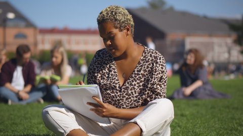 Young african american student woman writing notes sitting on grass at university campus. Portrait of cheerful afro college female doing homework or preparing for exam outdoors