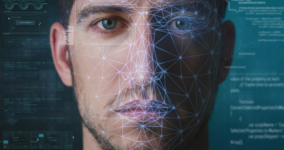Futuristic sophisticated innovative technology scanning with augmented reality holograms of an young man for facial recognition to ensure personal safety.  | Shutterstock HD Video #1063237678