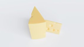 Rotating around triangle cheese set isolated on a neutral white background. 3D loop animation in 4K 30 FPS with Maasdam, Gouda or Edam and copy space for cheese dairy farm or milk store.