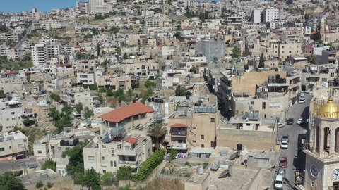 Drone footage of the city of Bethlehem. Bethlehem, the town where Jesus was born. Place of The Church of the Nativity 