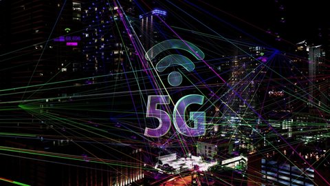 5G technology concept Smart City. Future City Beautiful Aerial Drone Panorama Footage. Modern skyscrapers. 5G Technology Wireless Network Communication in Futuristic City. Flight Hyperlapse Night City