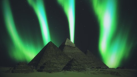 Pyramids of Giza in Egypt with Northern Lights Animation. Green Lights Aurora Borealis .
Polar weather and dark starry sky on a cold night. Fantastic motion Background in 4k.