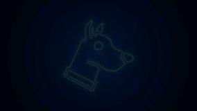 Glowing neon line Dog head icon isolated on black background. 4K Video motion graphic animation