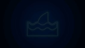 Glowing neon line Shark fin in ocean wave icon isolated on black background. 4K Video motion graphic animation