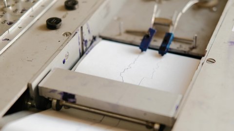 Lie detector, seismograph. A closeup view closeup pan of a polygraph lie detector test needle drawing a line on graph paper. Monitoring Environment Earthquake seismograph.