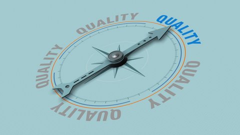 compass with the needle pointing at the text: quality, concept of searching or offering high quality products and services (3d render)
