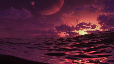 Seamless video loop of of the sunset. Looped ocean animation. Water on an Exoplanet.