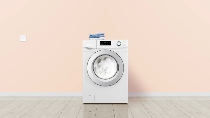 Modern laundry machine washing clothes. Pastel colours. Seamless loop realistic animation.