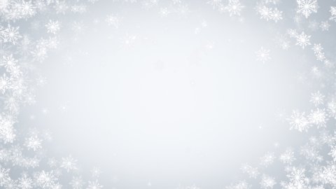 Elegant blue silver abstract particles with ice snowflakes. Christmas animated grey background. Winter white glitter - snow theme. Seamless loop.