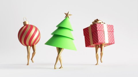 seamless loop animation of dancing Christmas characters: fir tree, gift box and glass ball ornament isolated on white background.
