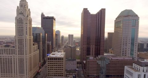 rotating drone shot of Columbus Ohio skyscrapers