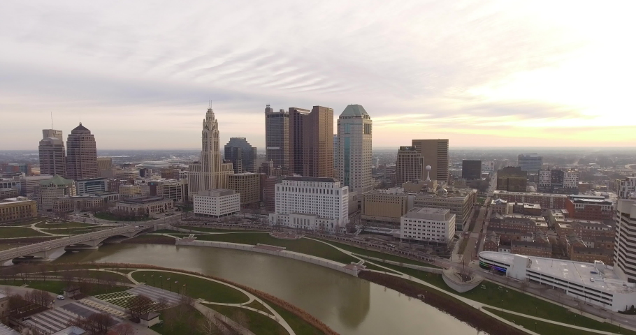 wide revealing drone shot Columbus Ohio skyline
