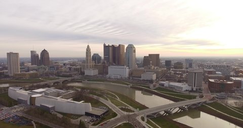 wide revealing drone shot Columbus Ohio skyline