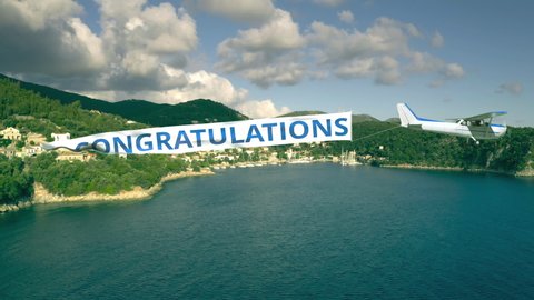 Plane drags waving banner with CONGRATULATIONS text on summer background