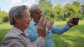 Portrait happy old people grandpa and grandma video call, live streaming happily on smartphone at park. Smile face of elderly waving hands for say hello to smartphone.