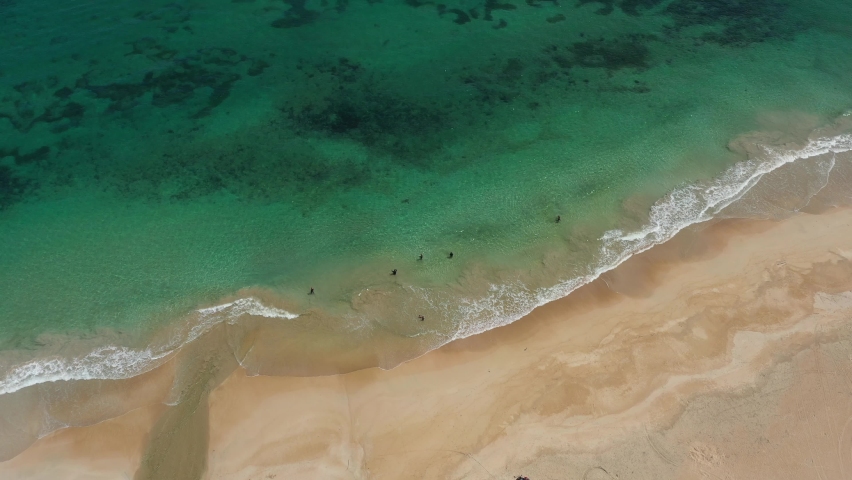Overhead view of people on a deserted caribbean beach with clear waters.