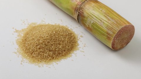 Piece of fresh sugarcane and a heap of cane sugar close up at white background