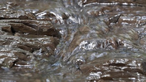 Tiny brook close-up, water flows over stones, video with sound