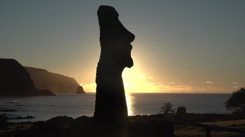 Chile. Easter Island. Ancient Moai Statues on the coast of Rapa Nui.