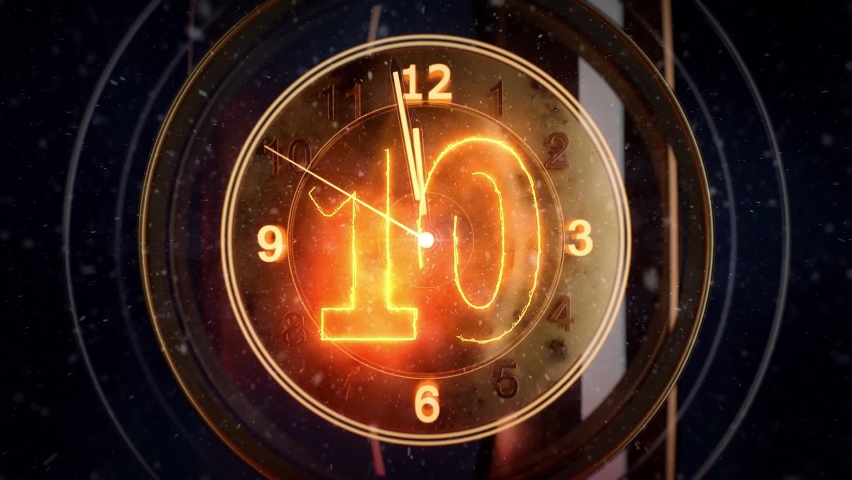 2021 Happy New Year Golden Countdown with analog clock and Fireworks and golden sparkles. 10 seconds countdown at the end. Minute hand running
