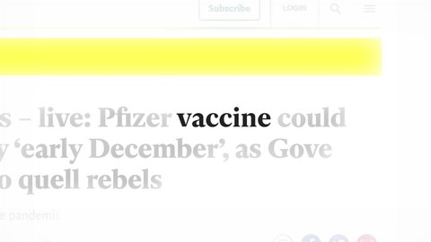 ATHENS-GREECE, 02 DEC 2020 : Animation of Vaccine Coronavirus headline titles across international media. Coronavirus, Covid-19 concept.