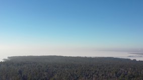 Aerial panoramic video view from drone of  winter siberian urban landscape. Pine forest, Ob Sea, town Akademgorodok are on background. Novosibirsk,  Russia