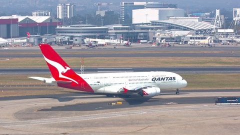 SYDNEY, AUSTRALIA - 2020: Qantas Airbus A380 Jet Airliner Taxiing on Taxiway at Sydney SYD Kingsford Smith International Airport on a Sunny Day in New South Wales Australia