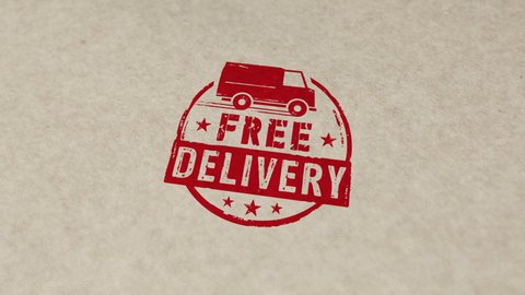 Free delivery stamp and hand stamping impact animation. Gratis shipping, service and package transport 3D rendered concept.