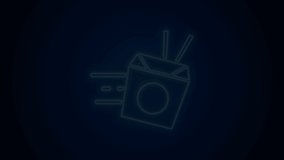 Glowing neon line Online ordering and noodles delivery icon isolated on black background. 4K Video motion graphic animation