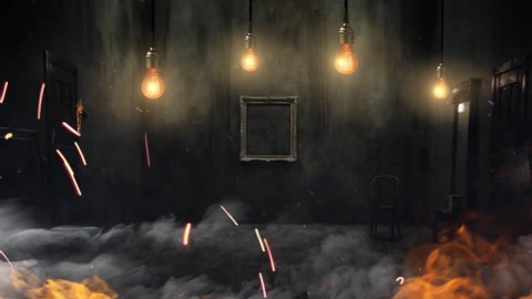 Animation of a dark old vintage room. Swinging incandescent light bulb, vintage dark interior, peeling wallpaper. The scary room is on fire. Fire burns in the room, all furniture is on fire.