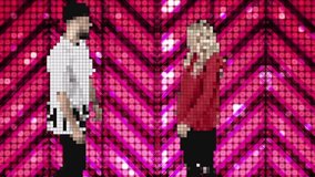 Pixel couple in love. A man and a woman walks, dances and hugs on a colored background. Pixelated couple. Boy and girl digitally.