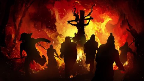The silhouette of a sinister crucified witch with long hair and ragged clothes, surrounded by a powerful fire, frightened peasants run away from her, against the background of a burning city.  