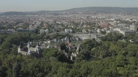 Aerial view of Budapest Hungary. Heroes Square, City Park, Vajdahunyad Castle in summer. 
RAW footage for creators to color grade and control the look of your project (dlog, d log).