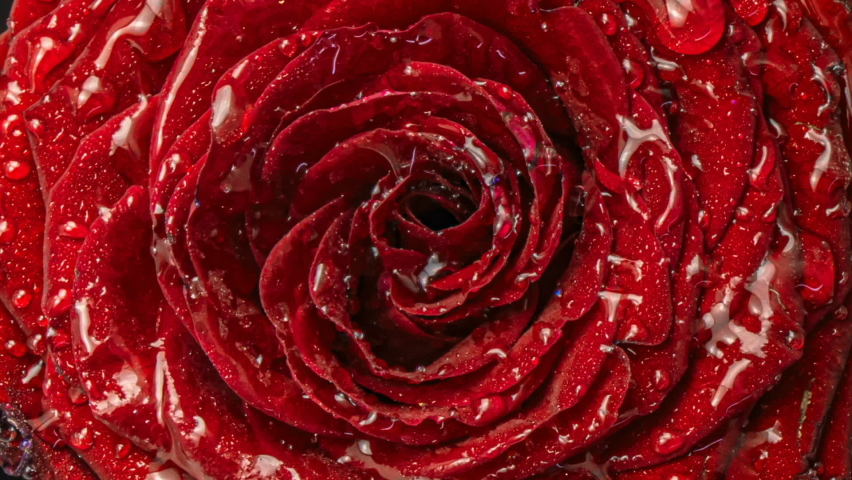  Freezing red rose, ice and snow crystals forming on the flower petals close up frost, macro, 4k. Top view. Morning dew