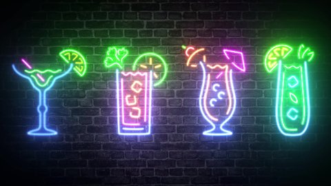 Tropical neon cocktail drink collection ,on brick wall background.Concept of bar,nightclub,dance,party,drink,alcohol, light sign advertising .This is a 4k animation
