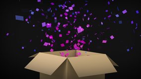 Close up Pink and Blue confetti shooting out from cardboard box, 3D rendering animation, celebration with surprise banner concept, isolated on black background  - Powered by Shutterstock - Get 15% off with code: PIKWIZARD15