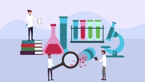 Animated cartoon design of scientist team wearing face mask while doing research together with beaker in the laboratory. Shot in 4k resolution - Powered by Shutterstock - Get 15% off with code: PIKWIZARD15