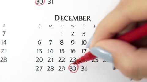 Female hand circle day in calendar date with a red marker. Business Basics Wall Calendar Planner and Organizer. December 30th