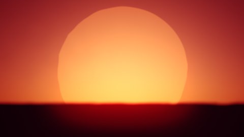 Beautiful Clear 3d Animation of The Large Bright Sun Disc Above Horizon. Large Red Hot Sun in Heat Haze Distortion Above Horizon.