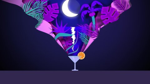 Enjoying a cocktail at the beachfront tropical bar. Tropical night with sea, palms, boat and moon. Vacation concept. Flat design motion graphics. 4K UHD