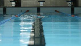 Athlete woman swims butterfly technique in indoor lap pool and preparing for olympic games. Front view video showing endurance, sport, professional swimming.