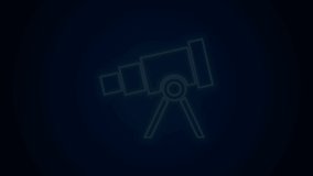 Glowing neon line Telescope icon isolated on black background. Scientific tool. Education and astronomy element, spyglass and study stars. 4K Video motion graphic animation