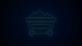 Glowing neon line Coal mine trolley icon isolated on black background. Factory coal mine trolley. 4K Video motion graphic animation