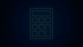 Glowing neon line Calculator icon isolated on black background. Accounting symbol. Business calculations mathematics education and finance. 4K Video motion graphic animation