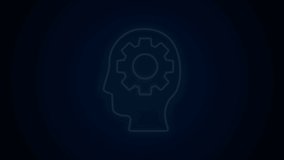 Glowing neon line Human head with gear inside icon isolated on black background. Artificial intelligence. Thinking brain. Symbol work of brain. 4K Video motion graphic animation