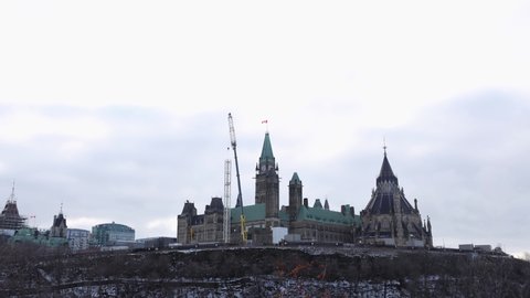 Time lapse from Majors Hill Park in Ottawa Canada. View of The Parliament Buildings and contstruction