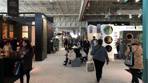 PARIS - CIRCA JANUARY, 2020: Footage of people walking at Maison and Objet fair at exhibition center called "Parc des Expositions de Villepinte" in north of Paris. It's a French trade fair 