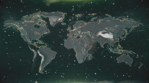 Scanning a Textured Illuminated Brazil Map. Glowing Brazil on textured Earth map with highlighted contours and visual hud elements. Technological futuristic space view of the World map.